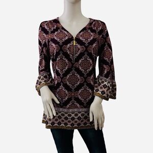 ROZ & ALI Fall Tunic Top Medium V-neck Zip Bell Sleeve Purple Boho Flowy Stretch